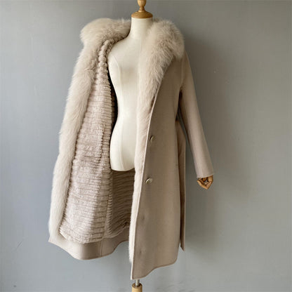 Double Breasted Long Style Breathable Wool Coat With Real Fur Collar