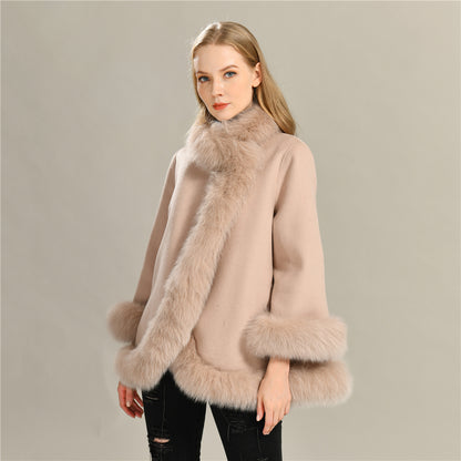 Jaxmonoy Elegant Women Cashmere Coat With Real Fur Collar Luxury Cloak
