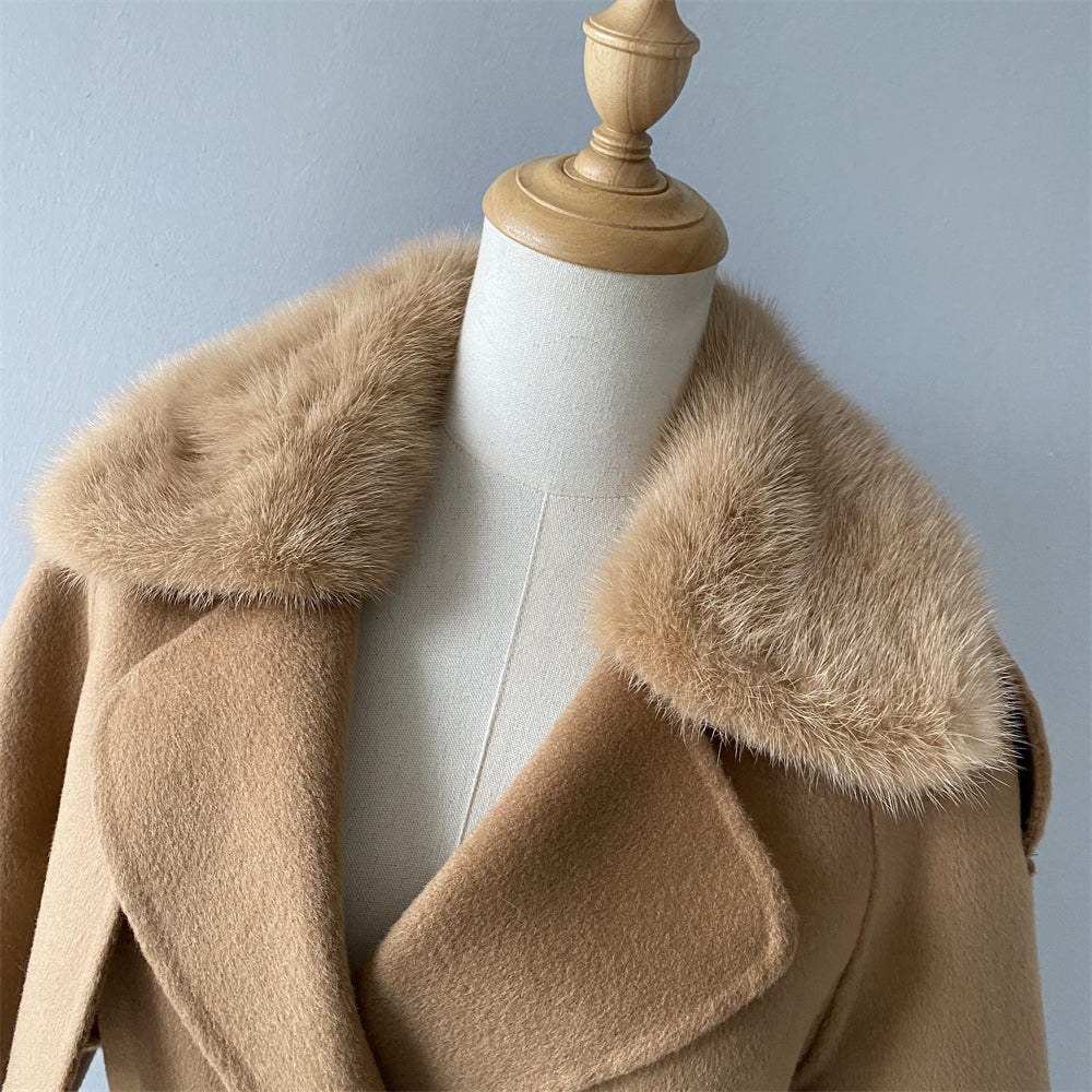 Wholesale Ladies Regular Length Cashmere Coat With Real Fox Fur Collar Custom Women Double-sided Wool Cashmere Coat