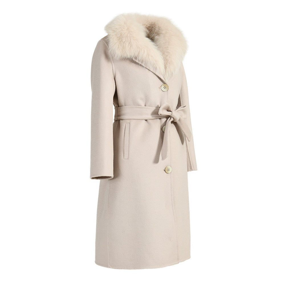Double Breasted Long Style Breathable Wool Coat With Real Fur Collar