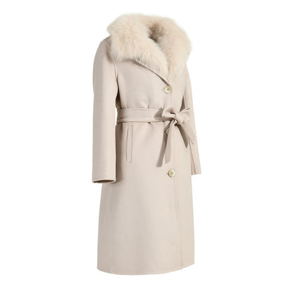 Double Breasted Long Style Breathable Wool Coat With Real Fur Collar