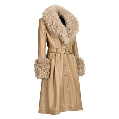 Custom Color Belt Design Genuine Leather Trench Coat With Sheep Fur