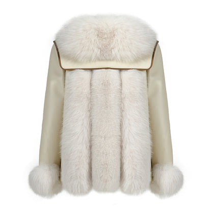 Genuine Leather Jacket With Real Fox Fur V-neck Collar Spring