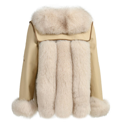 Genuine Leather Jacket With Real Fox Fur V-neck Collar Spring