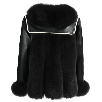 Genuine Leather Jacket With Real Fox Fur V-neck Collar Spring