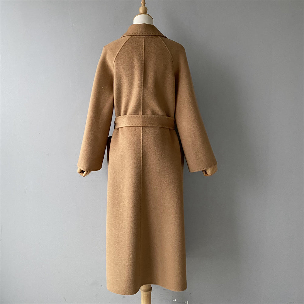 Solid Color Cashmere Coat With Big Side Pocket And Removable Belt