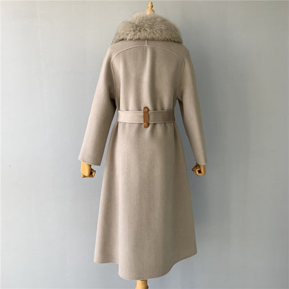 Jaxmonoy Long Style Cashmere Coat With Turn-down Real Fur Collar