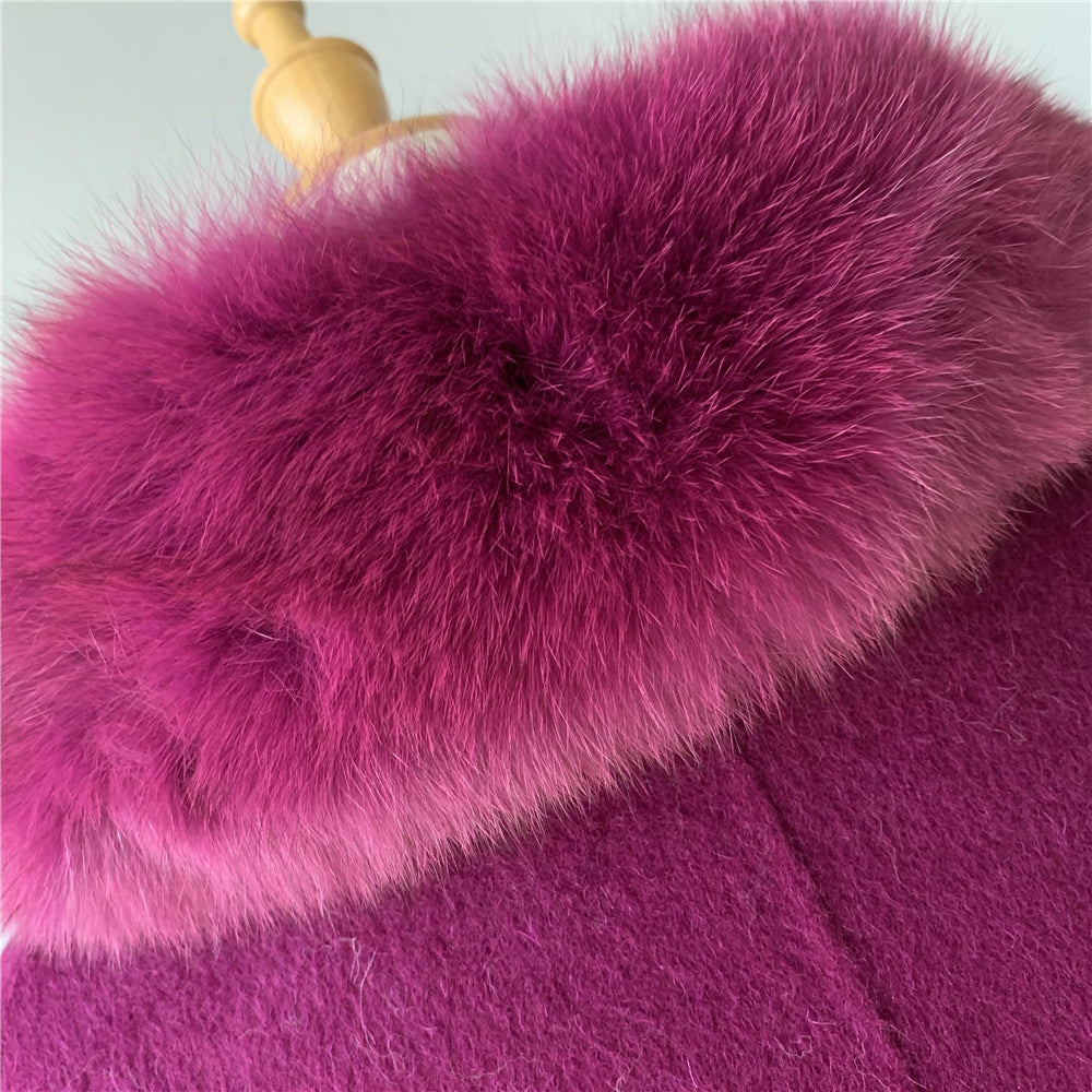 Jaxmonoy Cashmere Coat With Real Fur Collar And Rivet On The Belt