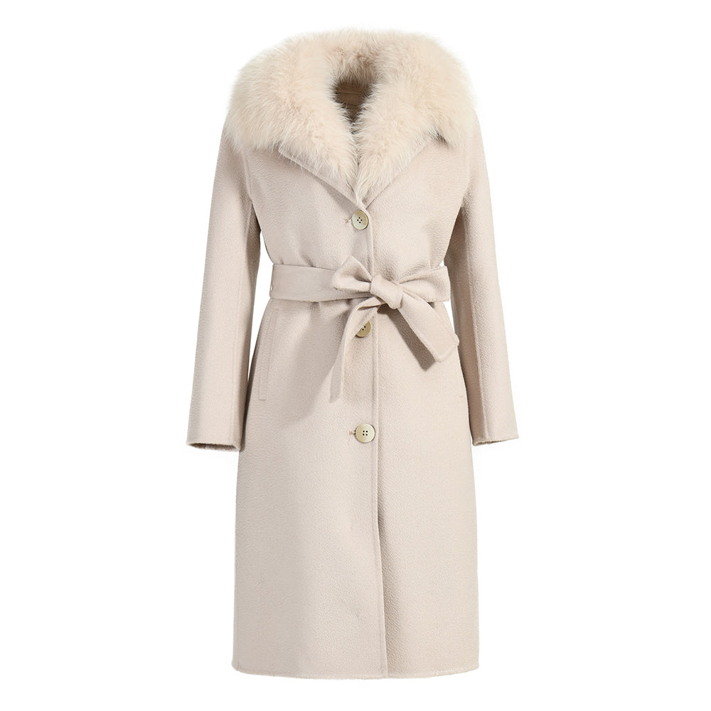 Double Breasted Long Style Breathable Wool Coat With Real Fur Collar