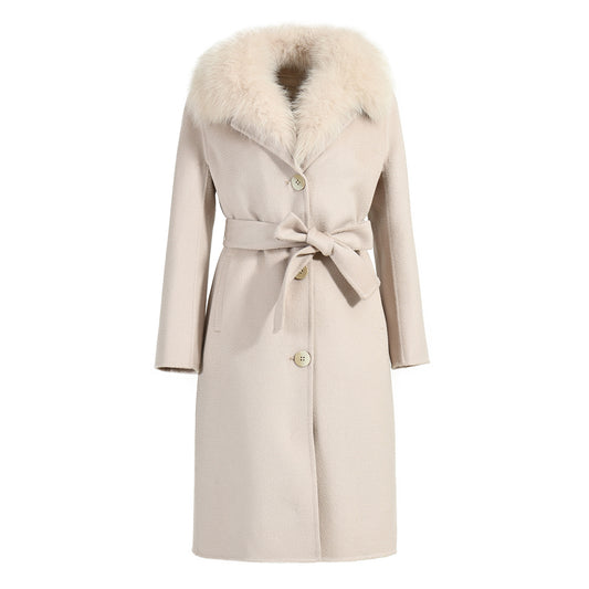 Double Breasted Long Style Breathable Wool Coat With Real Fur Collar