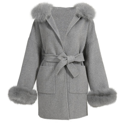 Jaxmonoy Ladies Cashmere Wool Coat Real Fox Fur Collar And Cuffs