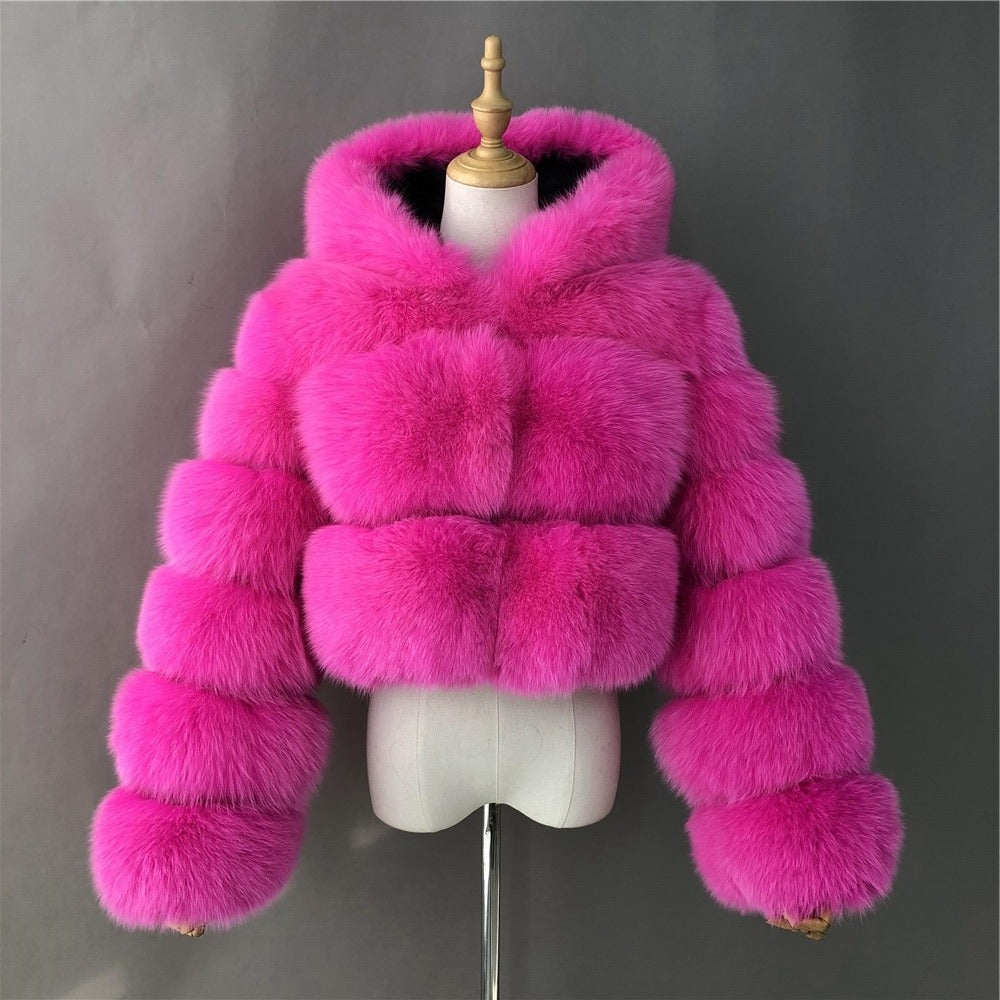 Jaxmonoy Natural 100% Real Raccoon Fur Coats Big Strips With Hood Short Style