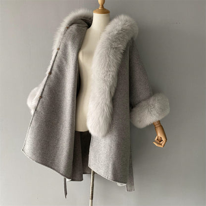 Wholesale Winter Double-sided Hooded Cashmere Coat With Real Fox Fur Collar And Belt Design Fashion Women Real Fox Fur Coat Wool