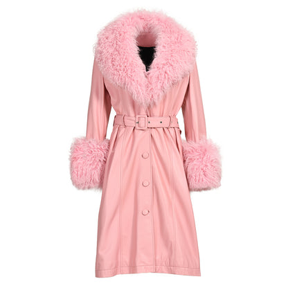 Custom Color Belt Design Genuine Leather Trench Coat With Sheep Fur