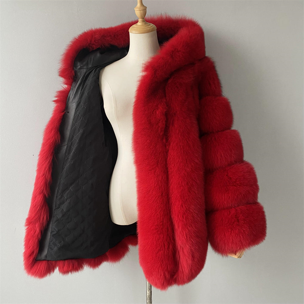 Fashion Ladies Long Sleeves Fluffy Real Fox Fur Coat With Fur Hood