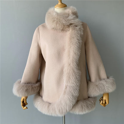 Jaxmonoy Elegant Women Cashmere Coat With Real Fur Collar Luxury Cloak