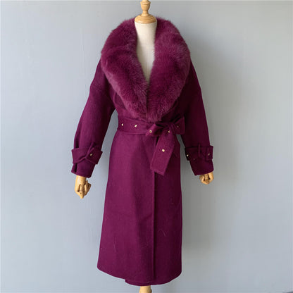 Jaxmonoy Cashmere Coat With Real Fur Collar And Rivet On The Belt