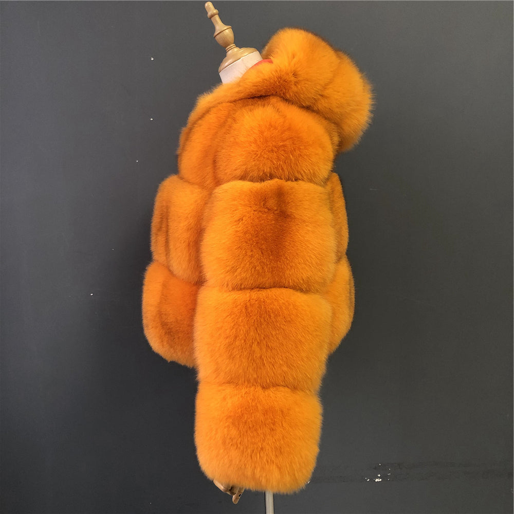 Jaxmonoy Natural 100% Real Raccoon Fur Coats Big Strips With Hood Short Style