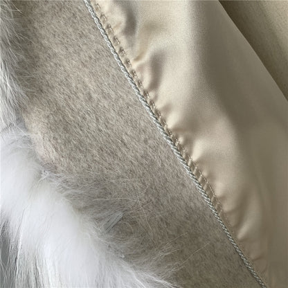 Jaxmonoy Women Wool Coat With Luxury Real Fur Collar And Belt