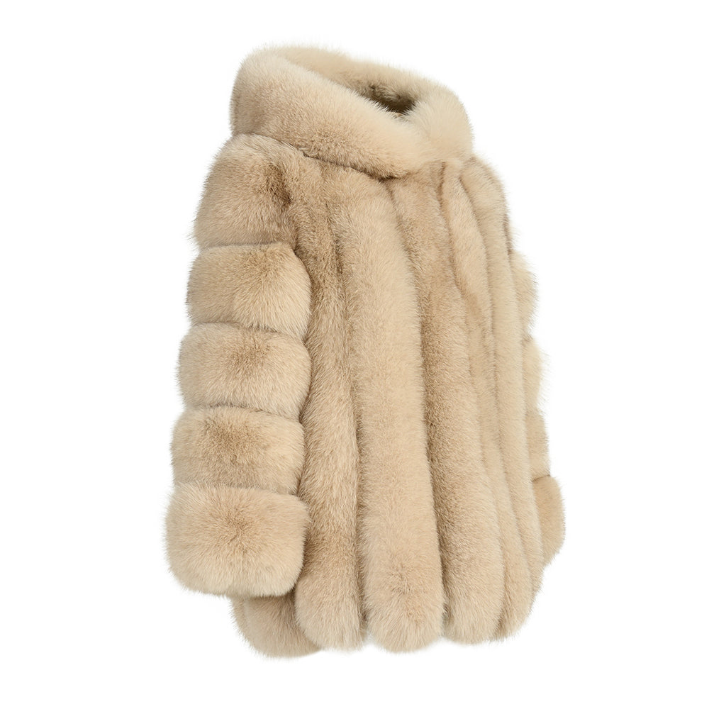 Fashion Ladies Long Sleeves Fluffy Real Fox Fur Coat With Fur Hood