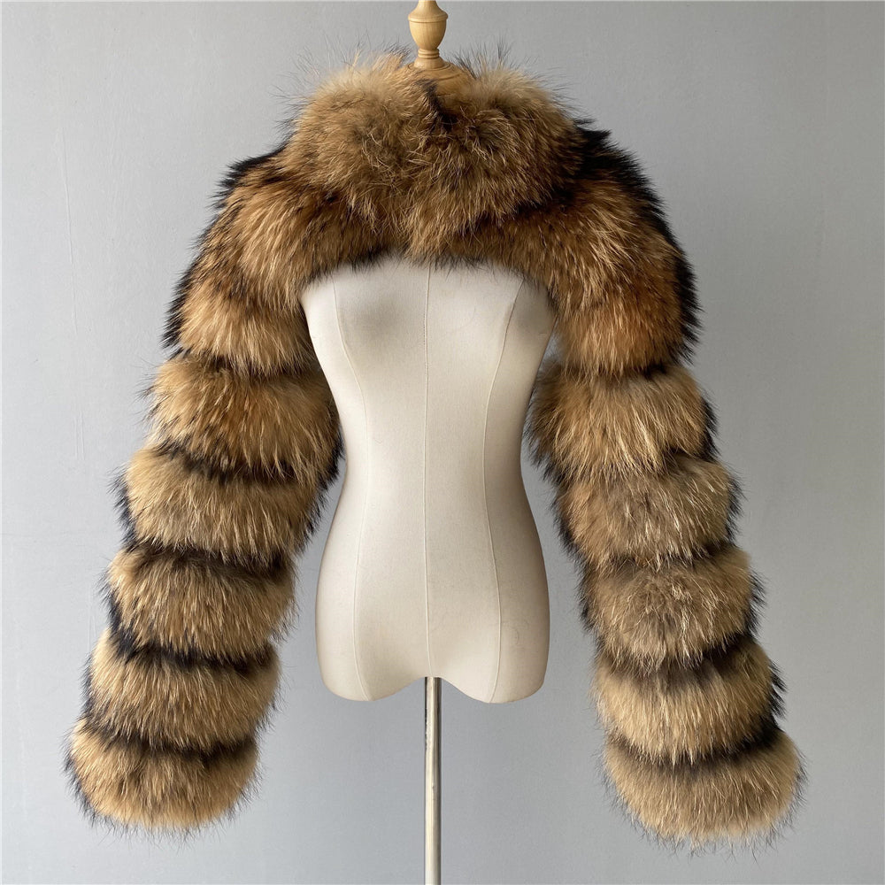 Jaxmonoy New Trend Winter Women Fashion Ladies Two Piece Real Raccoon Fur Sleeve