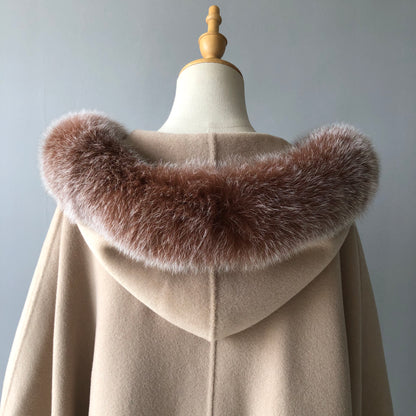 Jaxmonoy Luxurious Women Cashmere Cloak With Real Fox Fur Collar