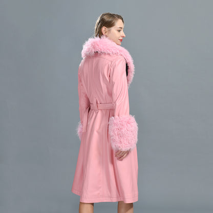 Custom Color Belt Design Genuine Leather Trench Coat With Sheep Fur