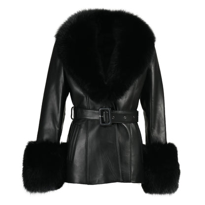 Regular Length Genuine Sheepskin Leather Coat With Real Fox Fur Collar And Cuffs Winter Women Leather Jacket Genuine