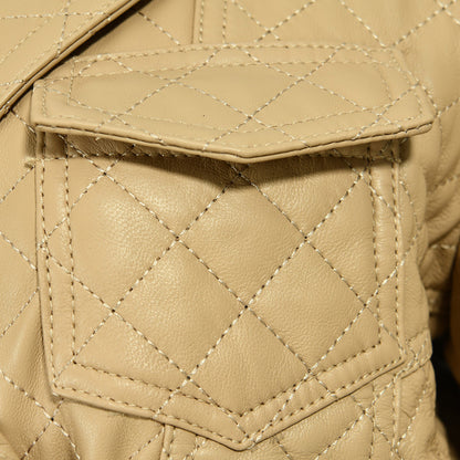 Popular Colorful Leather Coat Belt Zipper Design V-neck Genuine Leather Jacket Women