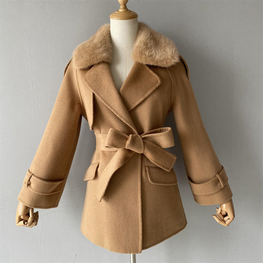 Wholesale Ladies Regular Length Cashmere Coat With Real Fox Fur Collar Custom Women Double-sided Wool Cashmere Coat