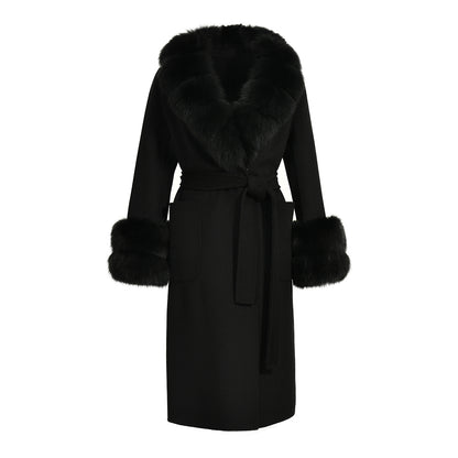 Jaxmonoy Slim Cashmere Coat Long Style Overcoat With Big Real Fur Collar And Double Cuffs