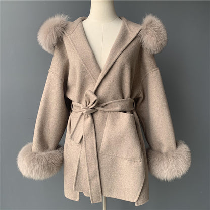 Jaxmonoy Ladies Cashmere Wool Coat Real Fox Fur Collar And Cuffs