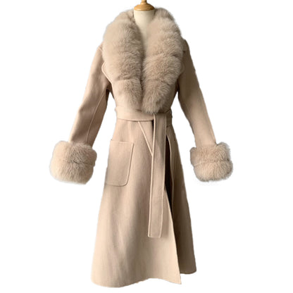 Jaxmonoy Long Cashmere Coat Big Size Real Fur Collar And Cuffs With Big Skirt