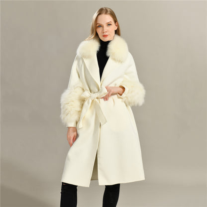 Jaxmonoy Sim Solid Cashmere Coat With Luxurious Real Fur Collar And Cuffs