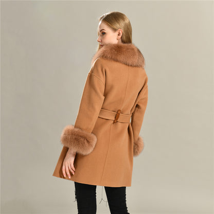 Jaxmonoy High-end Cashmere Coat With Big Real Fur Collar And Cuffs