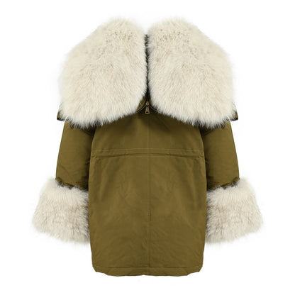 Women Casual Short Style Real Fox Fur Lining Detachable Denim Fur Jacket Fox Fur Parka