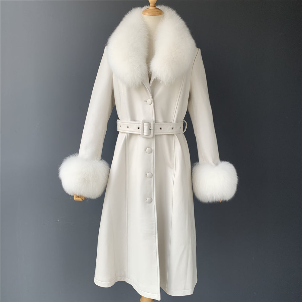 Jaxmonoy Leather Jacket Long Style Trench With Fox Fur Collar