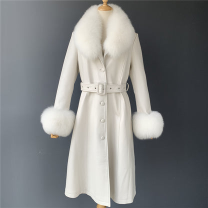 Jaxmonoy Leather Jacket Long Style Trench With Fox Fur Collar